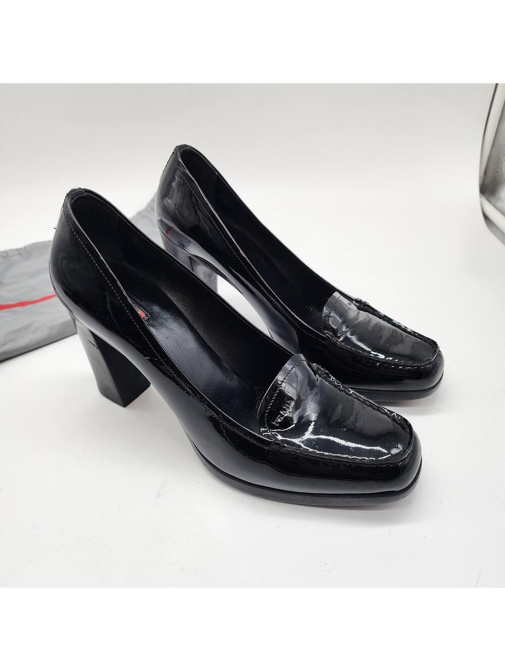 Authentic Prada Patent Leather Loafer Heels Black Slip On Pumps Italy 10